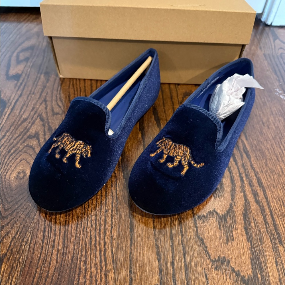 Crewcuts Navy Velvet Loafers with Embroidered Design